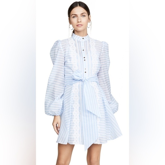 Keepsake The Label Blue Stripe Bow Balloon Sleeve Mini Dress XS - Picture 2 of 15